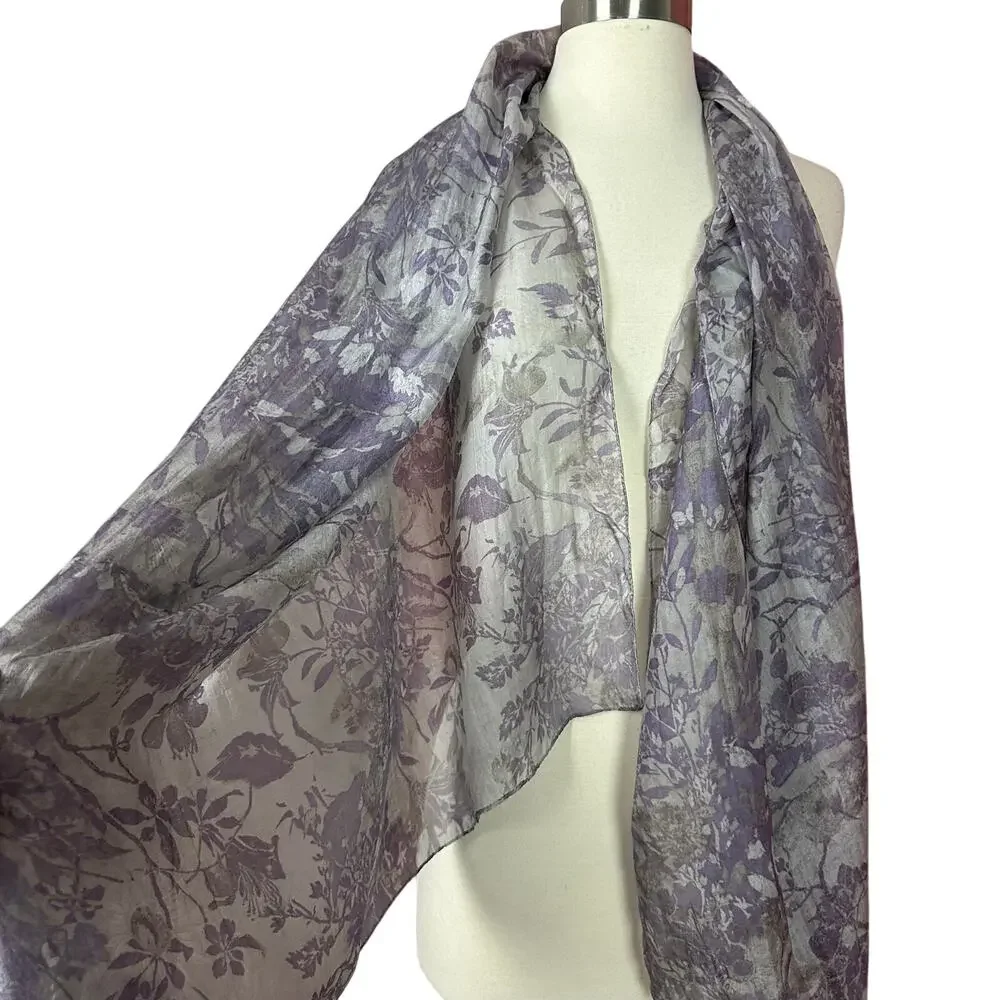 Peruvian Connection Scarf Shawl Floral Botanical Print 100% Silk Purple 29x67 in